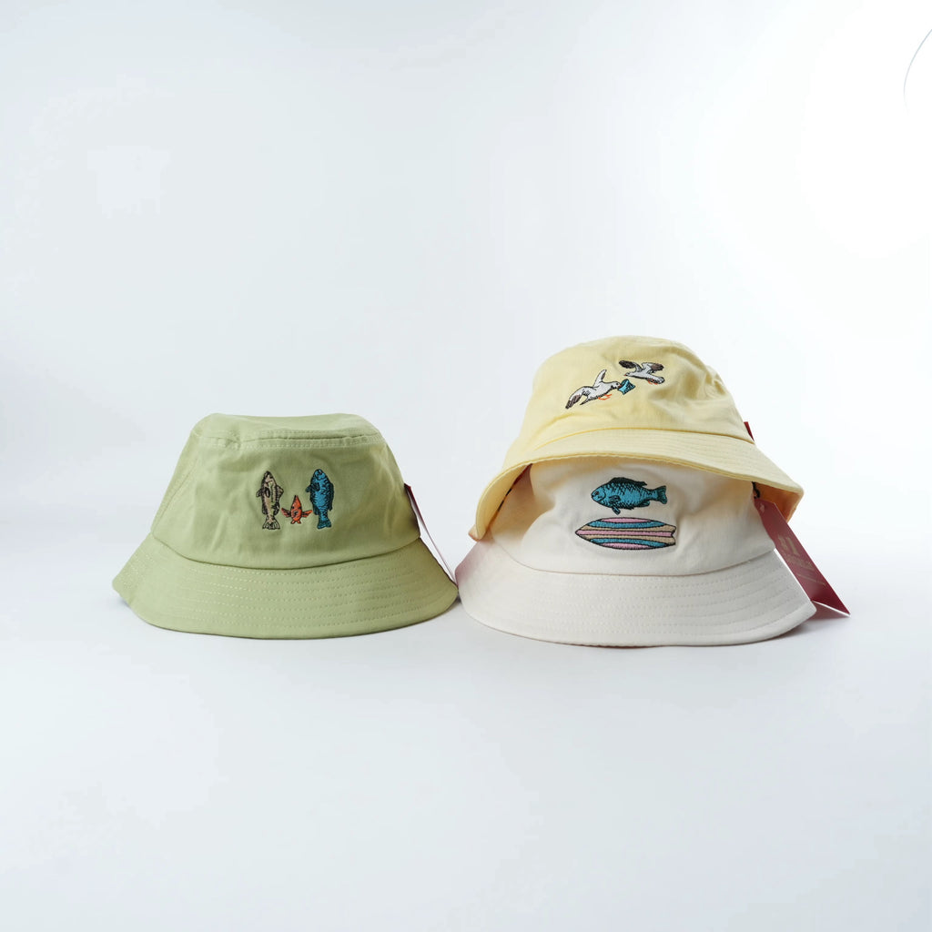 KIDS: Fish & Fish Surfboard Embroidered Bucket Hat